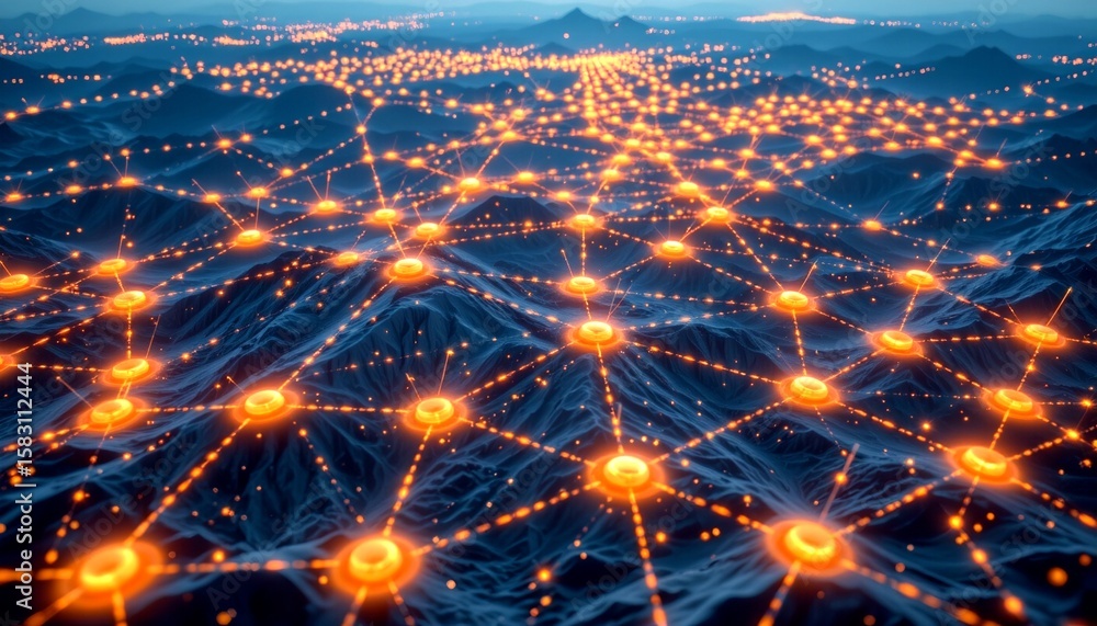 Poster an aerial view of interconnected lights illuminating a landscape, illustrating a network or data flo