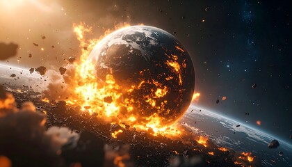 Fototapeta premium Exploding planet in outer space, dynamic fire and light, sci-fi background