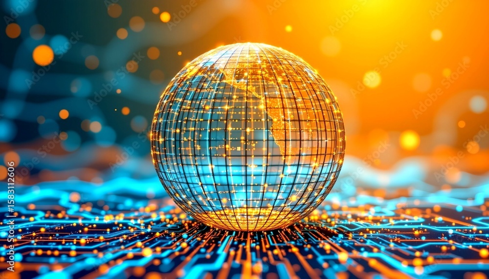 Poster a stunning digital globe illuminated by an array of radiant lights, highlighting technological advan