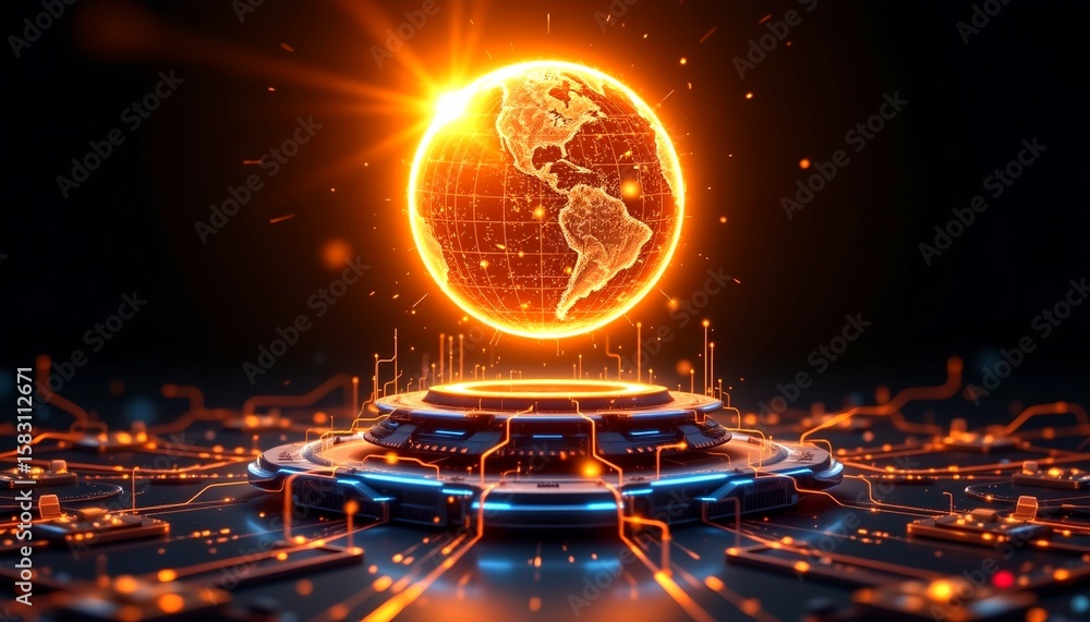 Poster digital earth globe with interconnected circuit board, highlighting the concept of global technologi