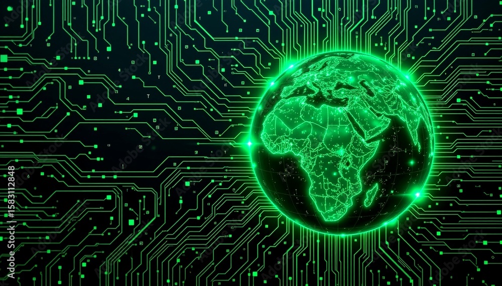 Poster digital world map with a modern high-tech theme, featuring the earth in a futuristic style, rendered