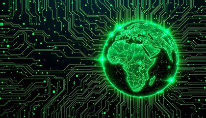 Obraz premium Digital world map with a modern high-tech theme, featuring the Earth in a futuristic style, rendered with neon lines and digital patterns. The image symbolizes connectivity.