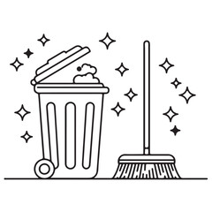 Black and White Cleaning Illustration of a Trash Can with Foam and a Broom Surrounded by Sparkles Emphasizing Cleanliness