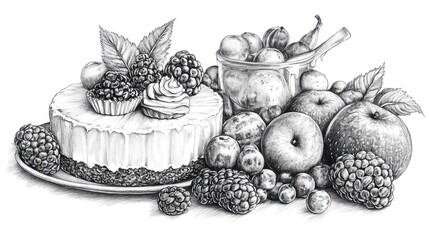 Pencil illustration of food including detailed fruits, desserts, and meals sketched with shading, texture, and artistic flair for use in culinary publishing, menus, or food branding.