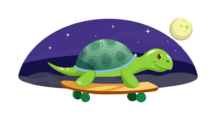 Turtle on skateboard vector illustration for kids cartoon character animal skateboarding at night with moon and stars