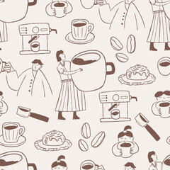 Coffee and pastries seamless pattern in hand drawn doodle outline style on beige background. Cafe wallpaper - barista, coffee machine, cup, cake, coffee beans. Retro style with grunge texture.