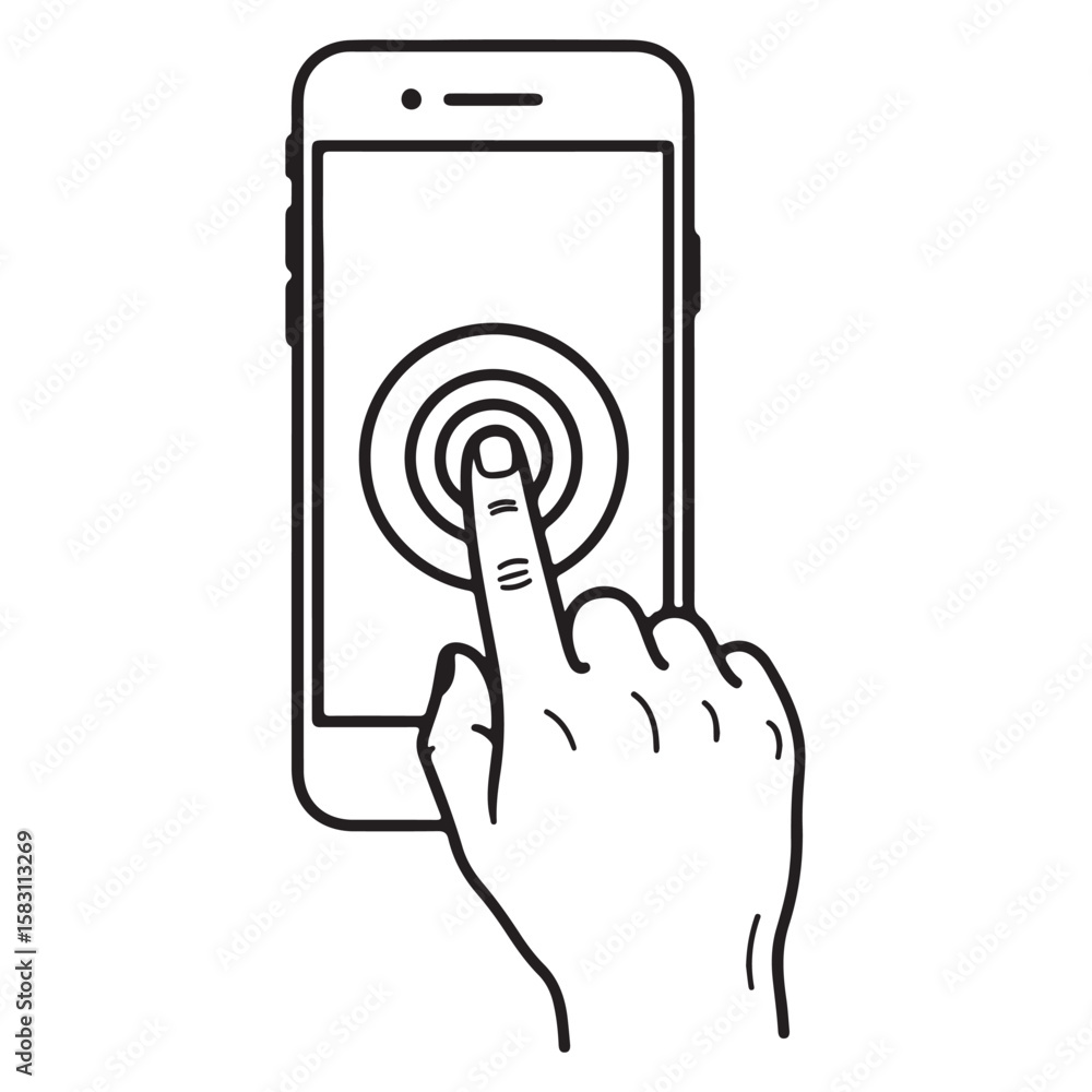 Poster hand interacting with smartphone interface a touchscreen device with concentric circles indicating i