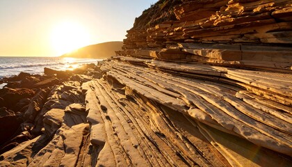 Rocky Coastline at Sunset with Layered Rock Formations and Golden Sunlight