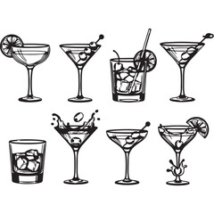 Elegant Cocktail Glass Collection Featuring Classic Drinks and Festive Garnishes, Illustrated in Black and White for a Timeless Aesthetic