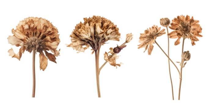 beige and brown vintage dried flower element collection on transparent background
