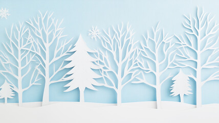 Fototapeta premium White paper cut mixed trees standing in row in winter forest, handmade blue Christmas background