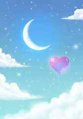 Whimsical Night Sky with Moon and Heart Balloon