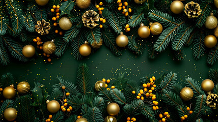 Coniferous branches, sparkling Christmas balls, golden glitter and berries on dark green background
