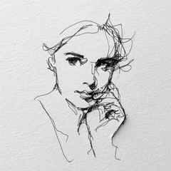 Poster Abstract scribble line portrait of a woman gently touching her face with one hand, drawn with loose black strokes