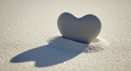 Fototapeta premium A serene photorealistic still life of a single, smooth, grey stone, naturally shaped like a heart, resting on fine white sand.