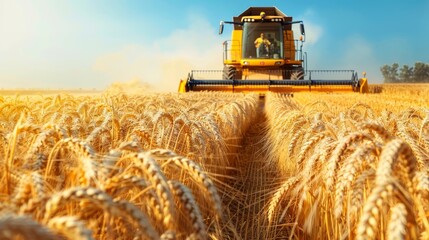Golden harvest  combine harvester efficiently working in wheat field under clear blue sky
