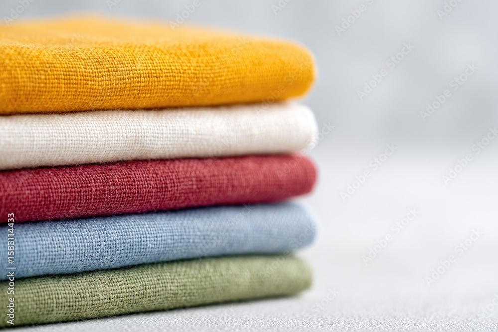 Poster neatly folded stack of colorful minimalistic home textiles is arranged on clean white background
