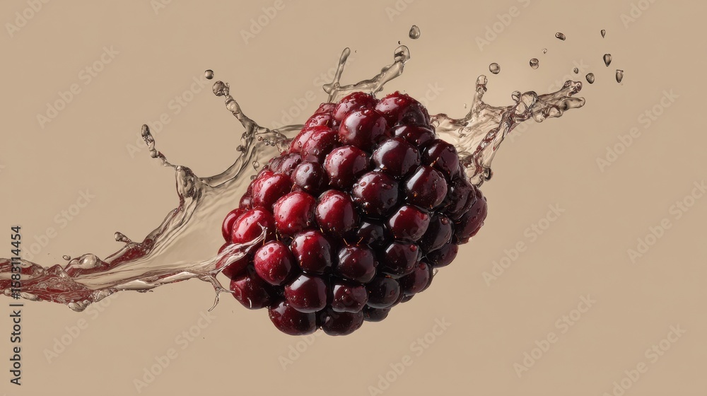 Poster realistic blackberry splash captured in detail with minimal beige background and empty space on the 