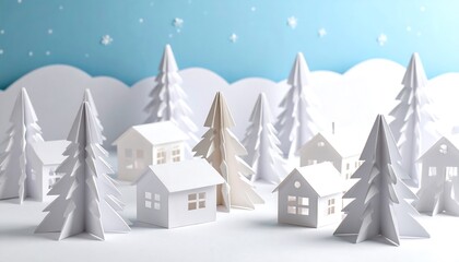 Naklejka premium Winter scene of paper houses and trees
