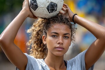 Brazilian teenager focused while balancing a soccer ball on their head