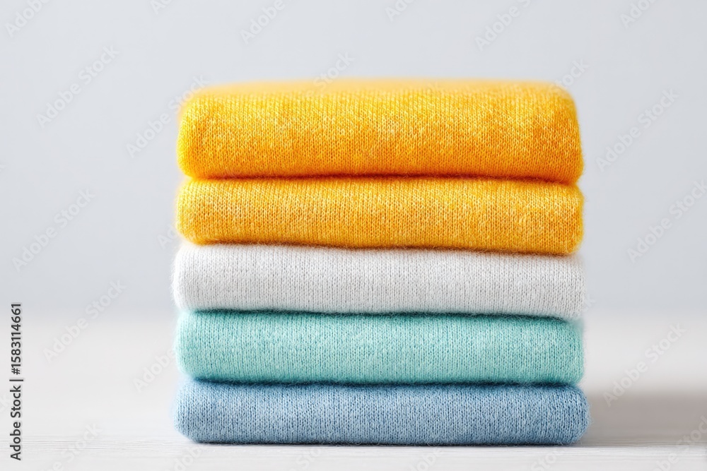 Poster neatly folded stack of colorful minimalistic home textiles is arranged on clean white background