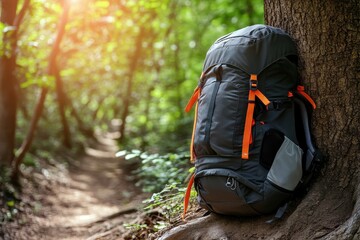 Durable hiking backpack resting against a tree in a lush forest during daylight