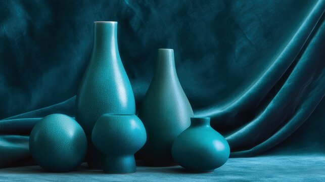 Ceramic vases and objects on velvet fabric in monochromatic Transformative Teal, soft shadows, elegant lighting