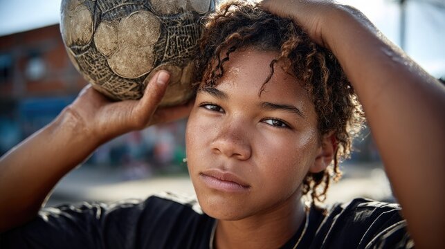Brazilian teenager focused while balancing a soccer ball on their head