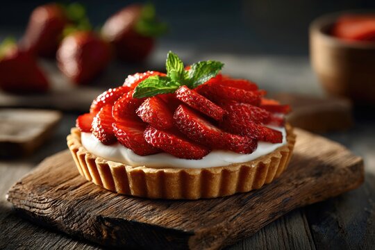 A small strawberry tart with a golden flaky crust sits on a rustic wooden surface