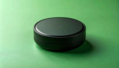 Round Black Device on Green Surface - Minimalist Product Shot