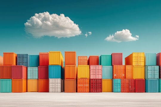 A large number of colorful shipping containers stacked in rows against the blue sky, representing global trade and business activity.