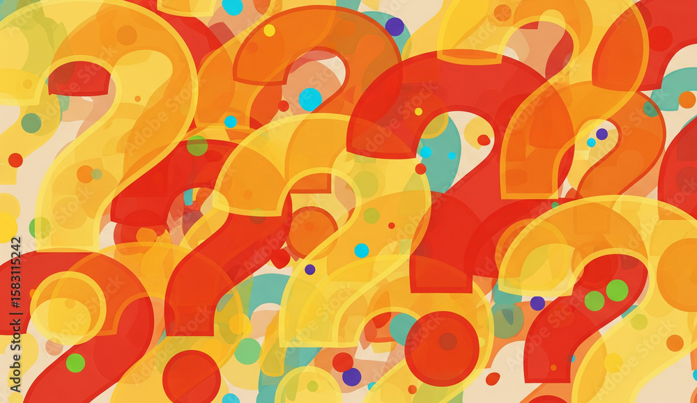 Aufkleber abstract background of overlapping question marks in orange and yellow hues, interspersed with color