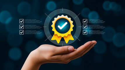 Golden award with checkmarks and human hand certificate