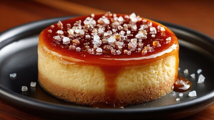 A round cheesecake topped with a glossy layer of salted caramel