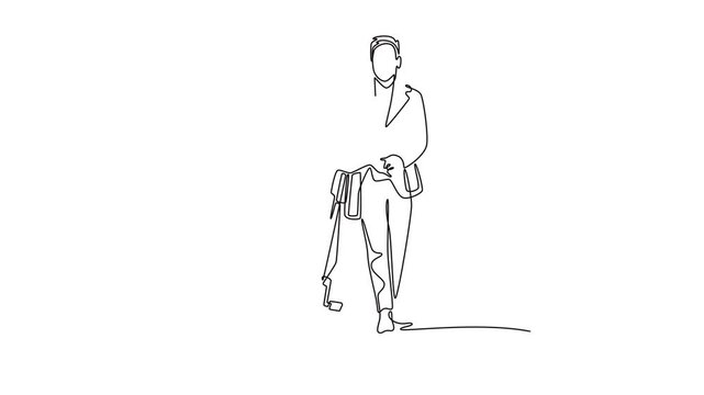 Animated self drawing of continuous line draw young male worker in formal suit walking next to his bicycle. Healthy commuting lifestyle, eco transportation concept. Full length single line animation