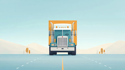 Front view of a large truck on a highway, minimalist style.  Pastel colors