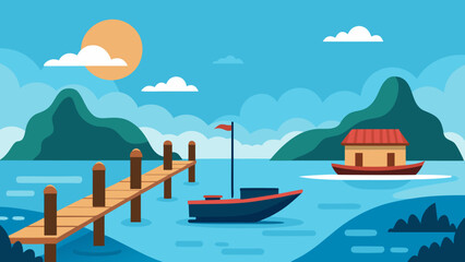 Fototapeta premium Peaceful Island Dock with Boats at Sunrise
