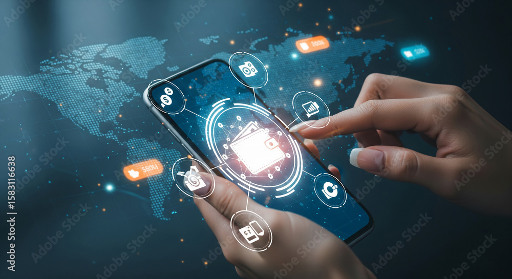 Poster hands using smartphone displaying digital wallet interface, global network background, symbolizing m