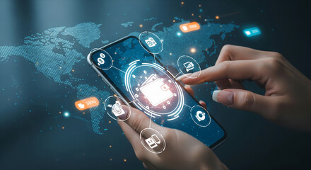 Hands using smartphone displaying digital wallet interface, global network background, symbolizing mobile payment, finance technology, and worldwide access