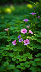 A cluster of pink wildflowers blooms in a lush green meadow