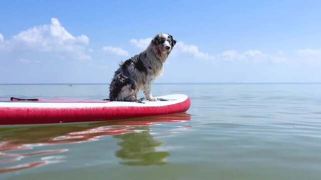 Watersport activity Aussie Australian Shepherd dog in blue marble color sits, floats glove SUP board in sea