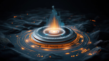 Futuristic circular device with glowing rings and energy bursts on a dark textured surface