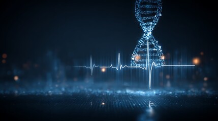 Futuristic abstract medical background with double DNA strands, electronic reception line banner, water drops, heart rhythm icon and wave pattern on gradient blue backdrop