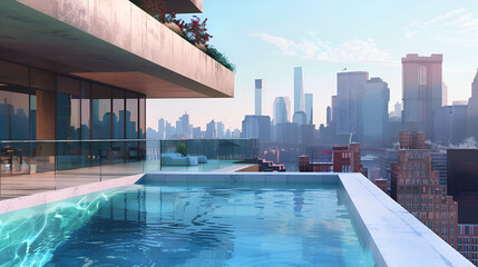 Naklejka premium Rooftop swimming pool overlooking the cityscape creates a luxurious architectural and travel destination