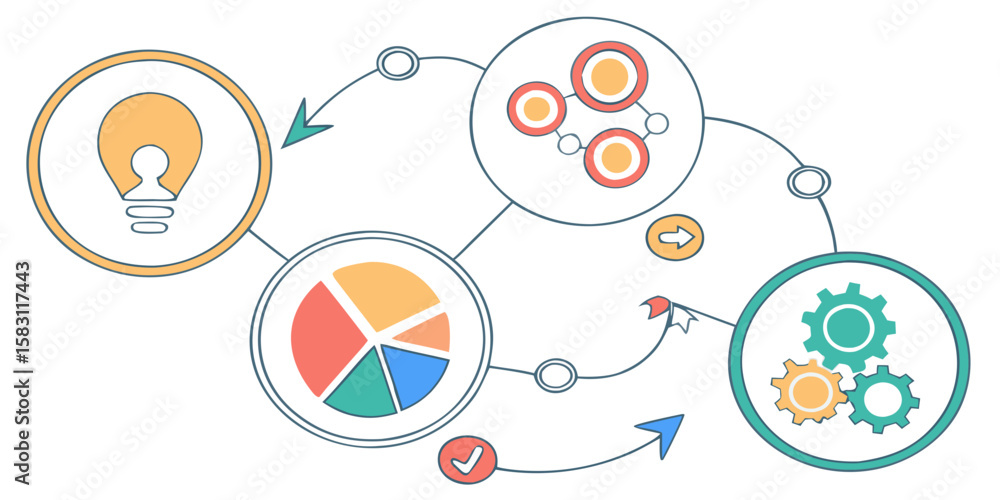 Aufkleber infographic showing business processes with graphs and gears