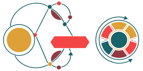 Abstract illustration of interconnected shapes and color wheel design  