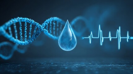 Futuristic abstract medical background with double DNA strands, electronic reception line banner, water drops, heart rhythm icon and wave pattern on gradient blue backdrop