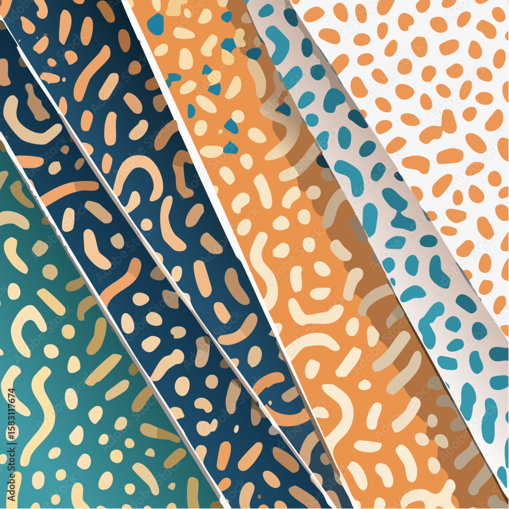 Aufkleber abstract design with overlapping patterned shapes in various colors.