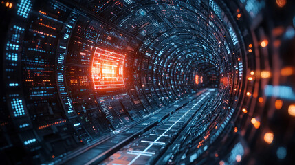 Futuristic tunnel with glowing panels and digital displays