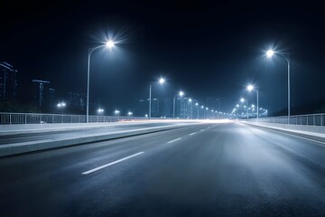 Night's ribbon: a slick asphalt highway glowing under star-like streetlights.